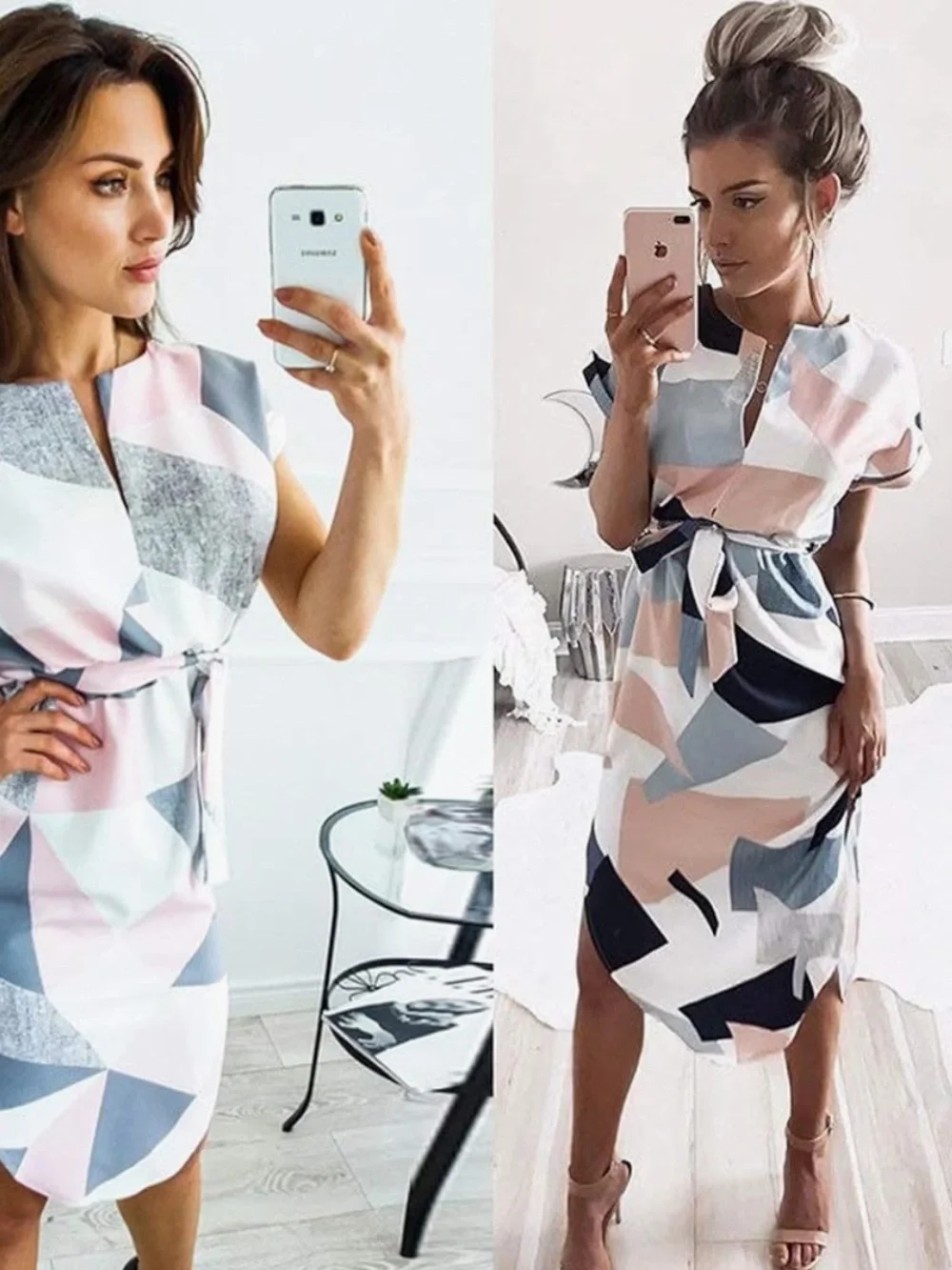 Abstract Print Midi Dress in Pink and Blue